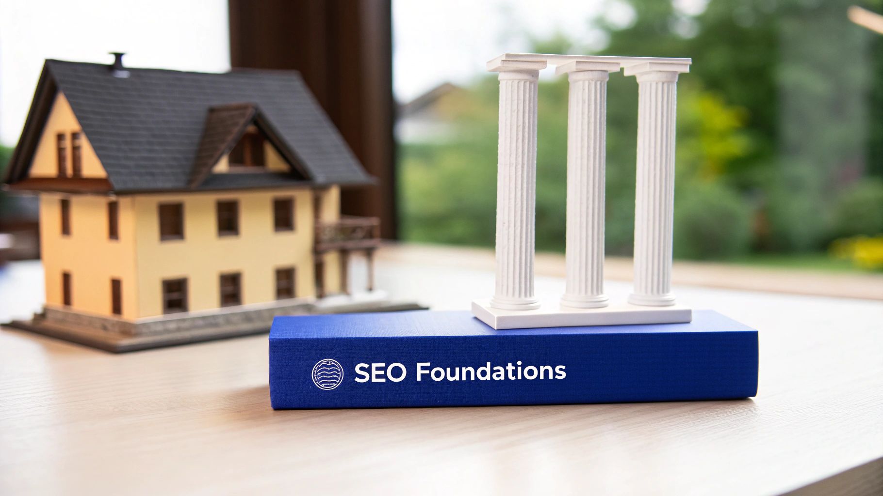 A miniature house model next to a blue 'SEO Foundations' block topped with three white columns.