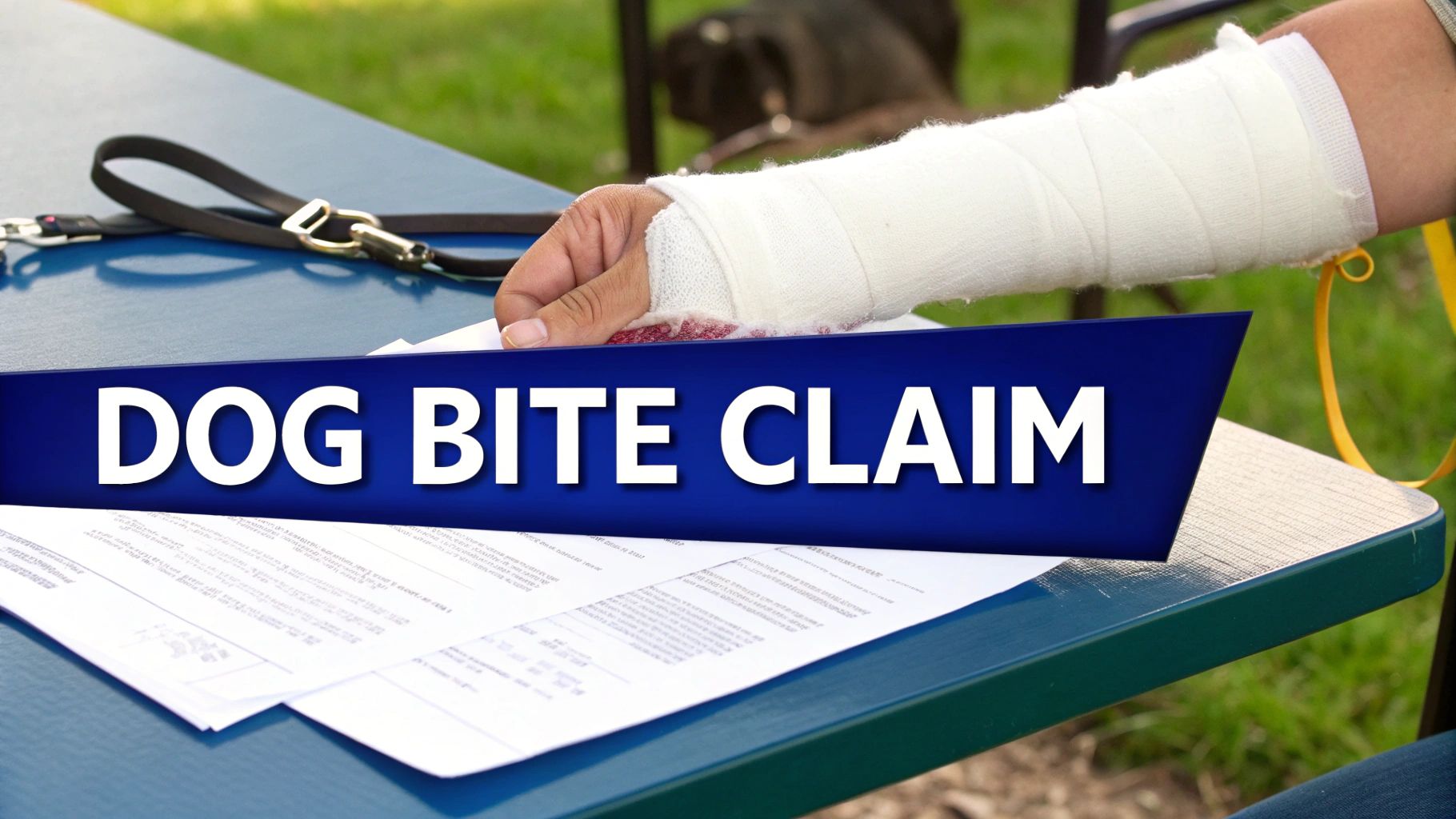 Hand with a bandaged arm reaching for dog bite claim papers on a table with a leash.