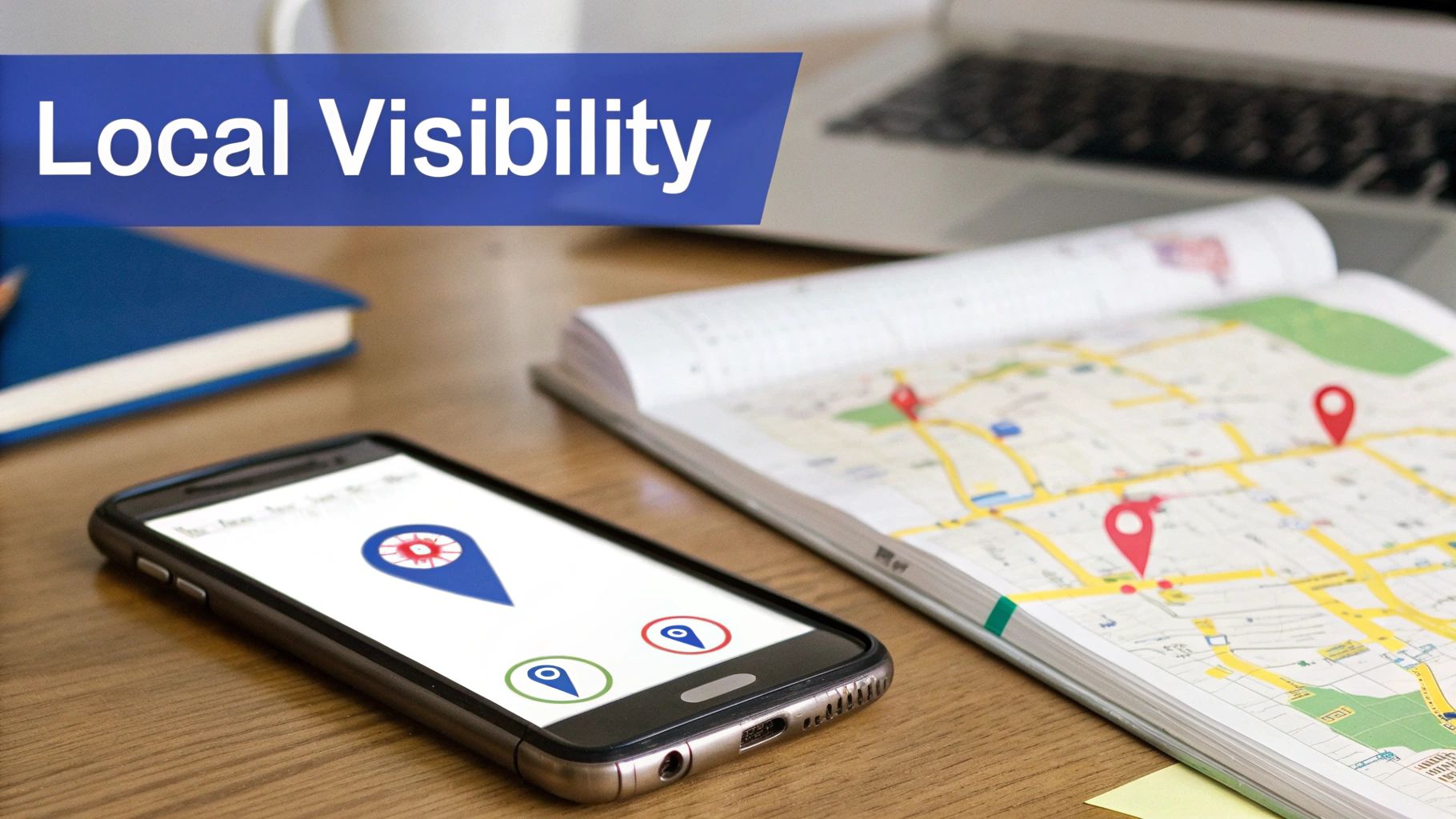 A smartphone displays a location pin icon next to an open map book with several red pins, emphasizing local visibility.