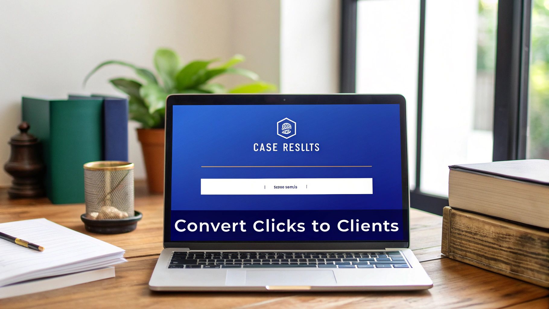 An attorney reviewing a document at their desk, with trust symbols like a scale of justice and bar association badge subtly visible in the background.
