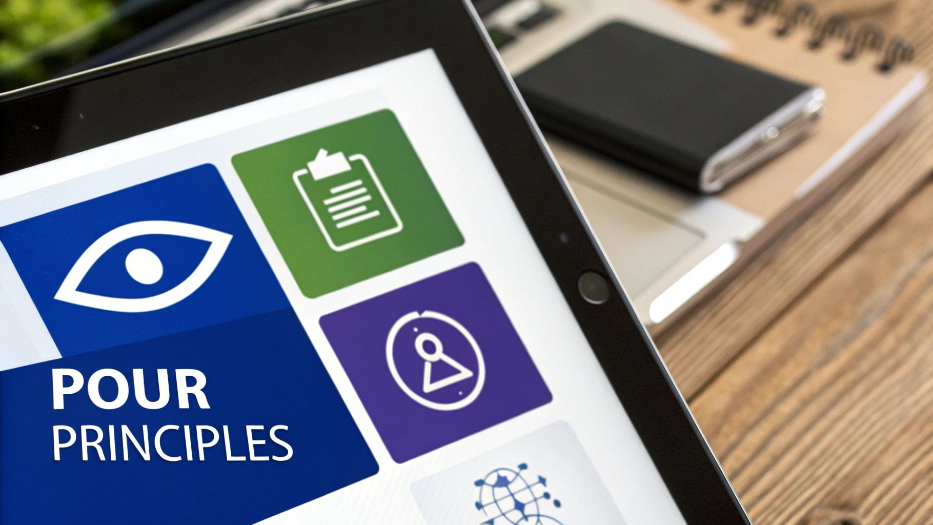 A tablet displays 'POUR PRINCIPLES' with digital icons for eye, clipboard, and a person.