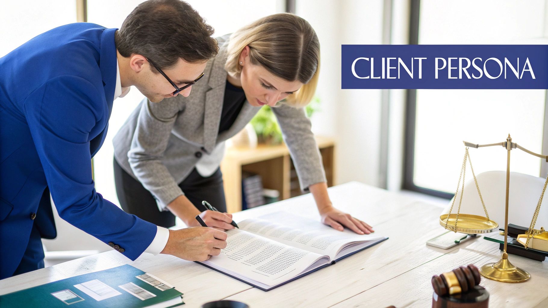 Two legal professionals reviewing documents on a desk with scales of justice and a gavel.