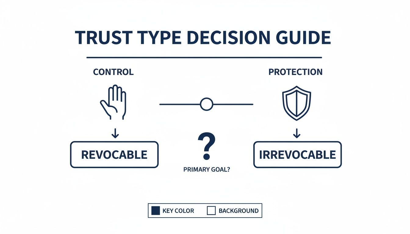 A trust type decision guide, illustrating revocable trusts for control and irrevocable trusts for protection.