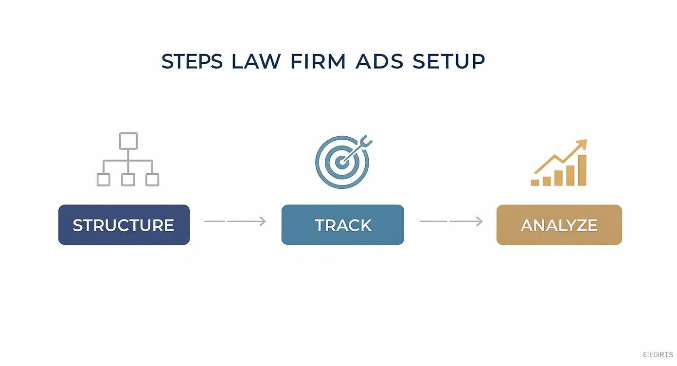 Visual guide outlining three steps for law firm ads setup: structure, track, and analyze.