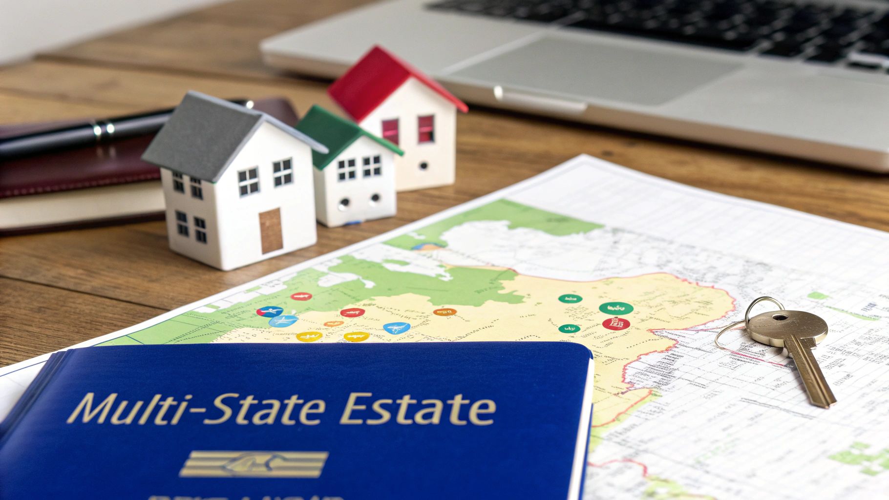 Miniature houses on a map with a 'Multi-State Estate' book and a key, symbolizing property planning.