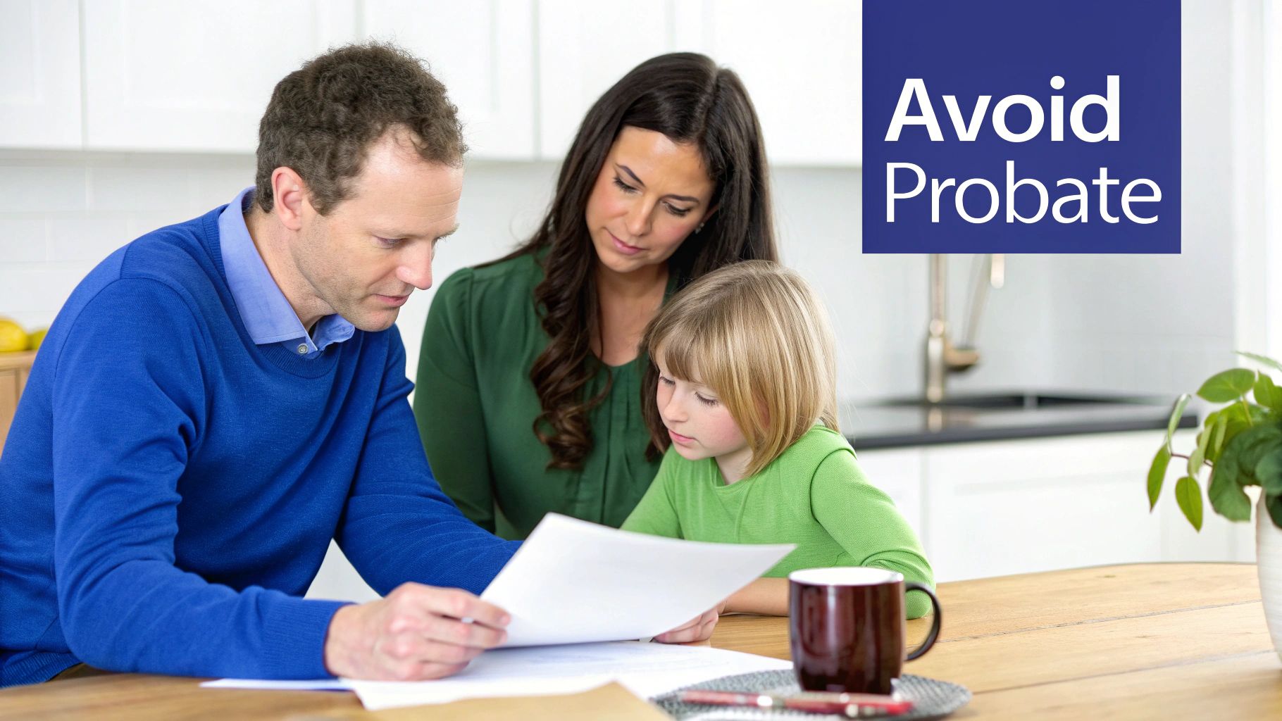 A family of three, including parents and a child, reviewing financial documents with 'Avoid Probate' text.