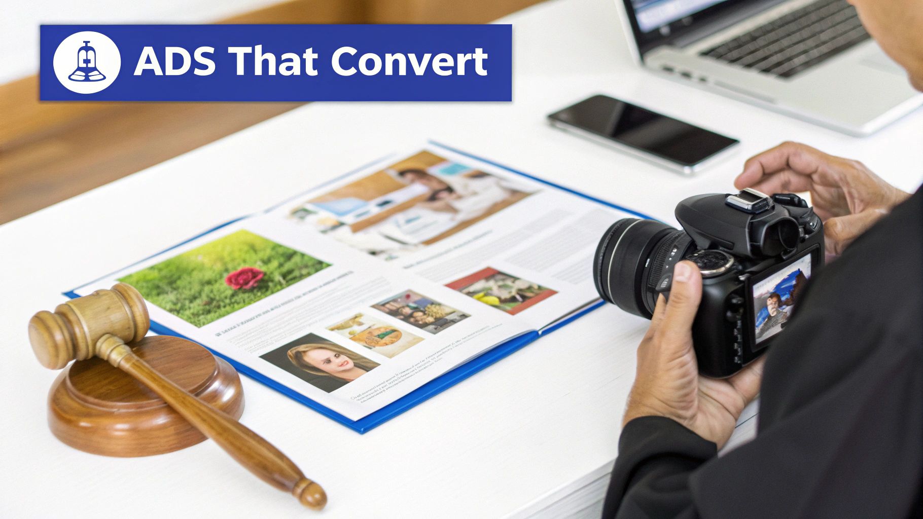 A person holds a camera over a magazine displaying various images, with a gavel and laptop on the desk.