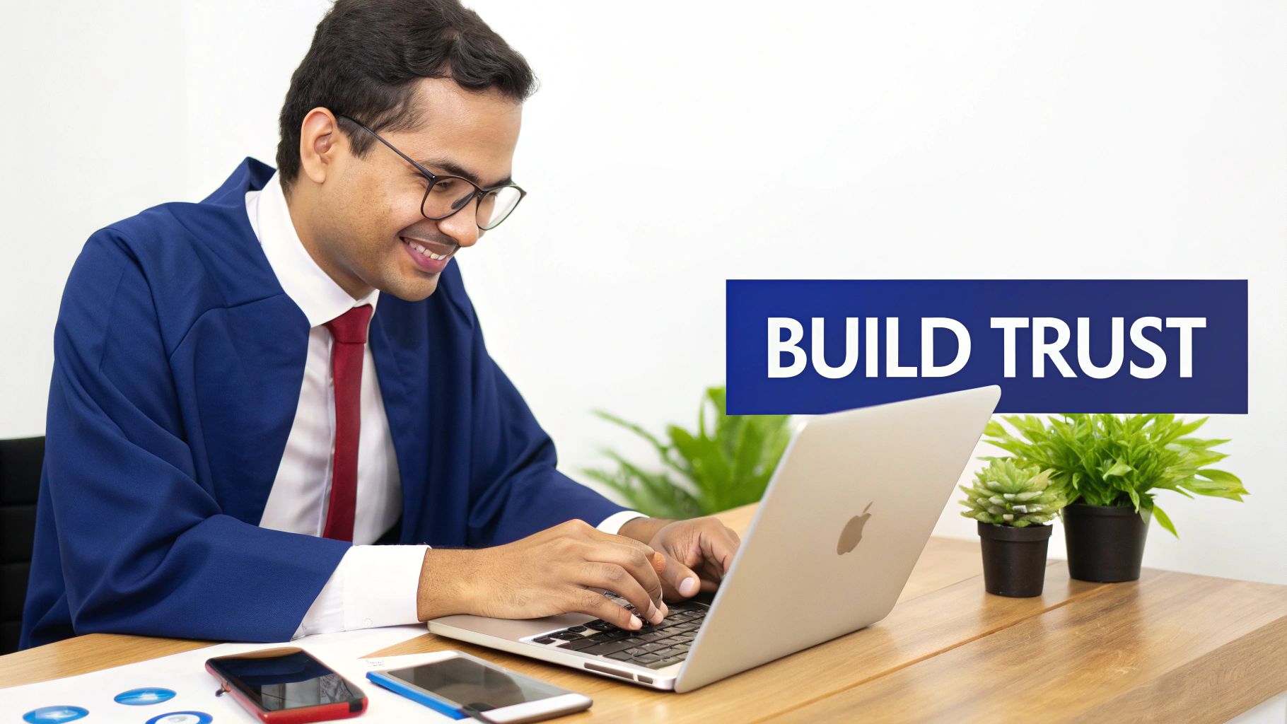 Professional businessman in suit working on laptop building trust with clients at office desk