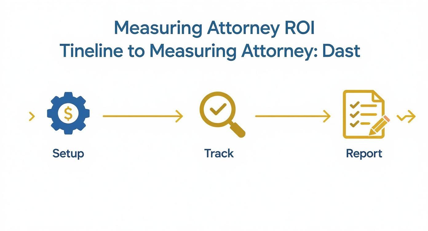 Timeline showing three steps for measuring attorney ROI: Setup, Track, and Report, with descriptive icons.