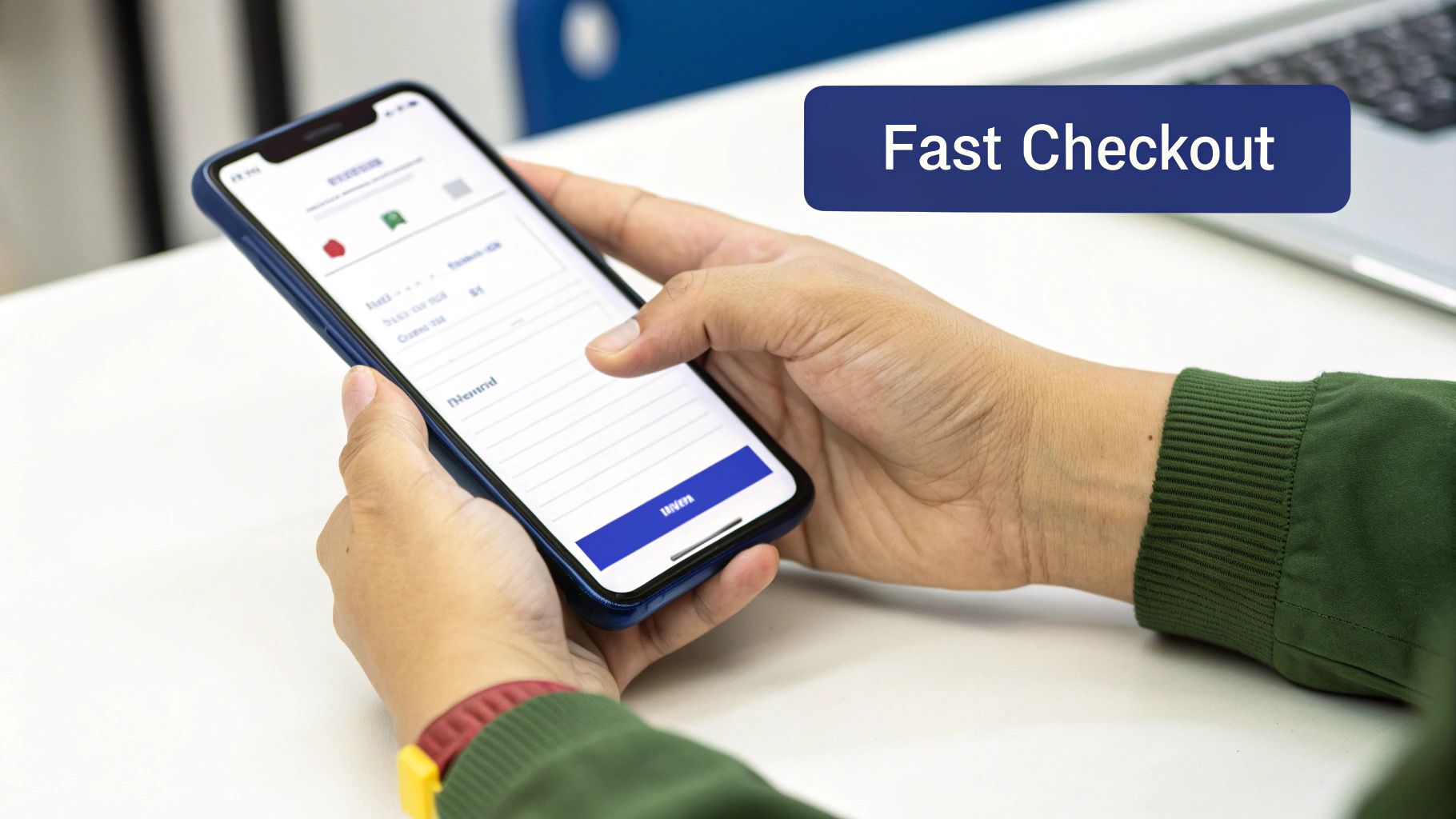 A person's hands holding a smartphone displaying a checkout page with a 'Fast Checkout' banner.