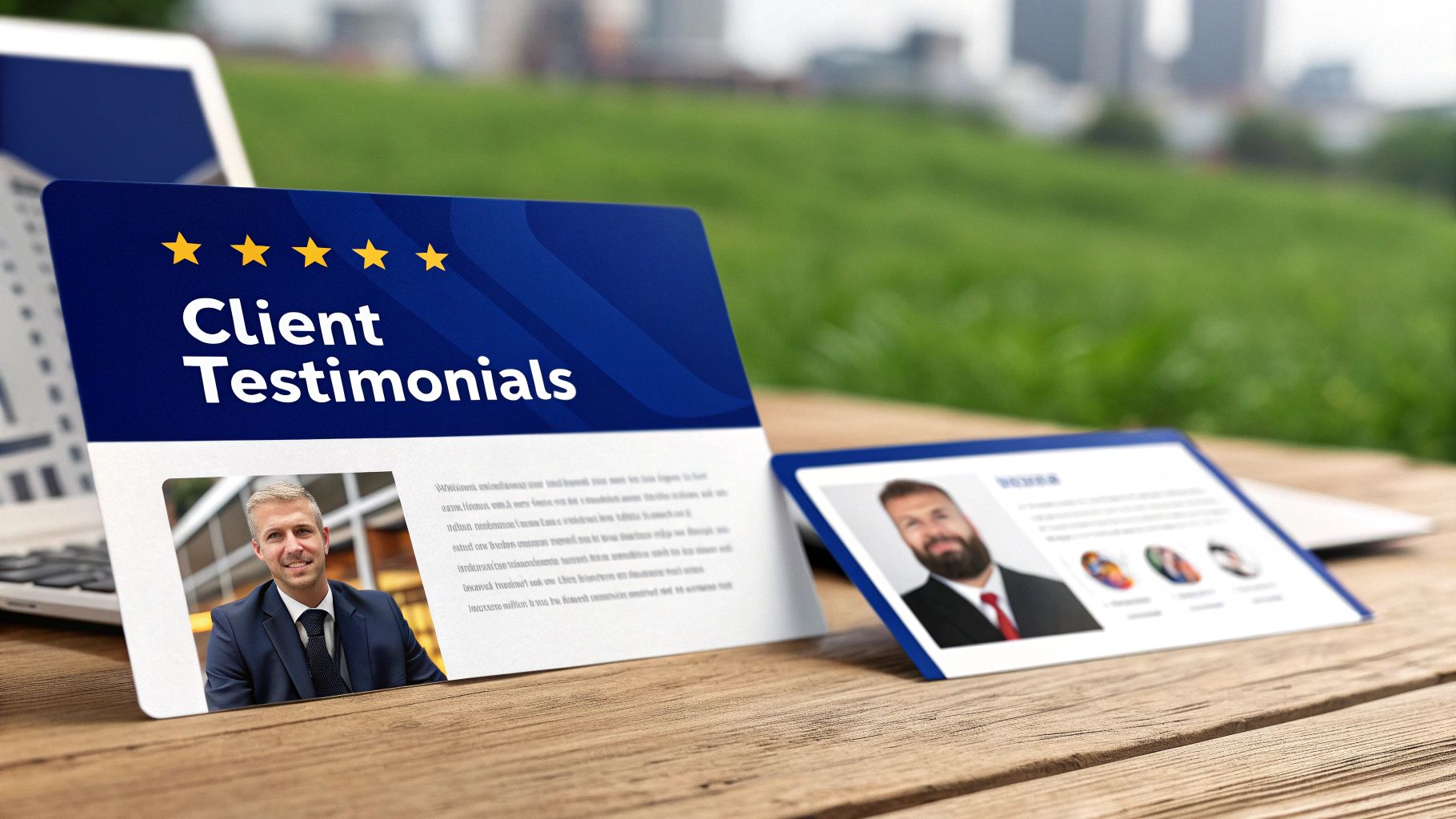 Two client testimonial cards on a wooden table outdoors, showcasing professional feedback and star ratings.