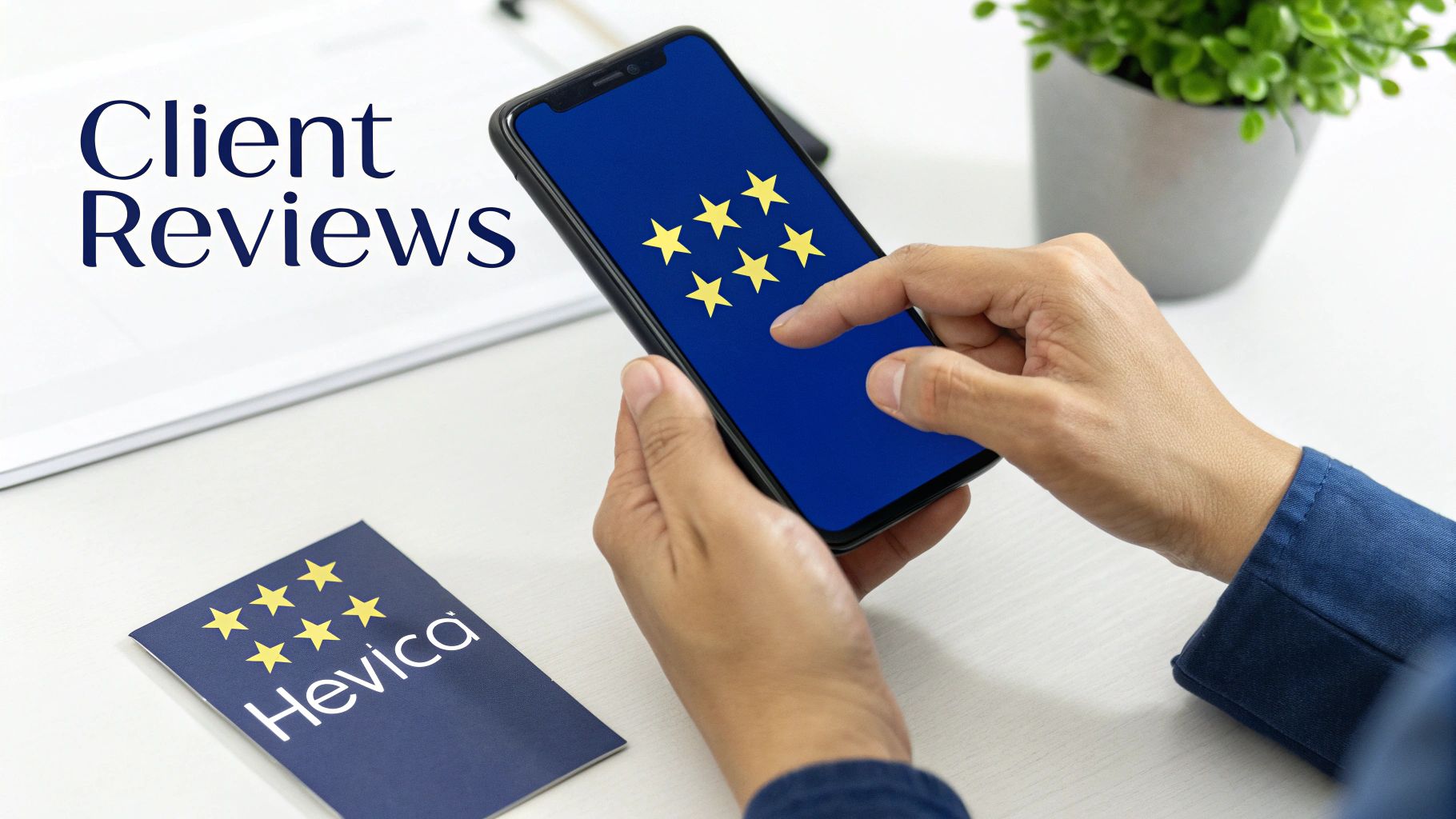 A person holds a smartphone displaying six yellow stars, with 'Client Reviews' text and a 'Hevica' card nearby.