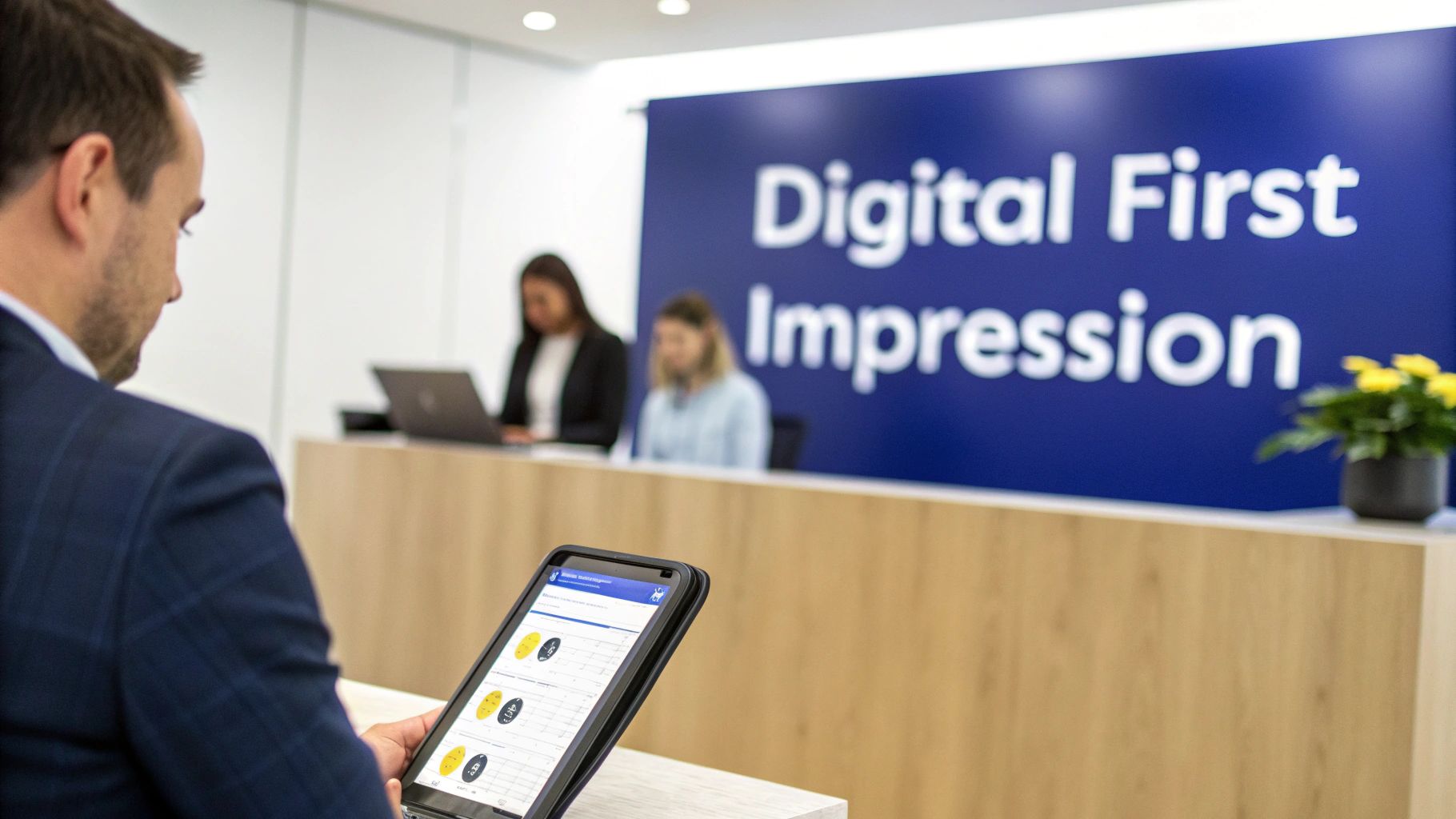 Businessman checking data on a tablet in an office with a "Digital First Impression" wall.