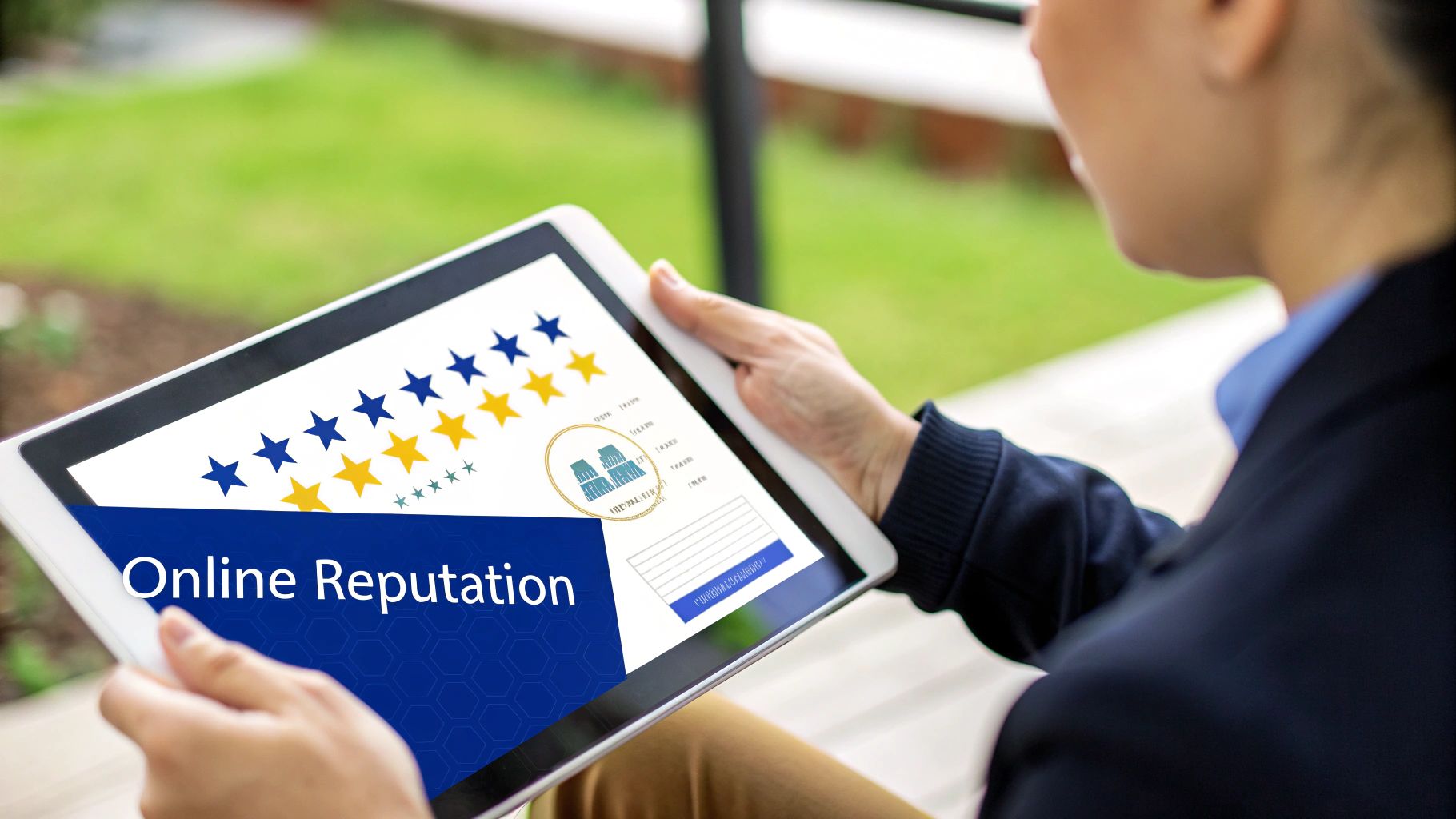 A lawyer working on a laptop, focused on managing their online reputation.