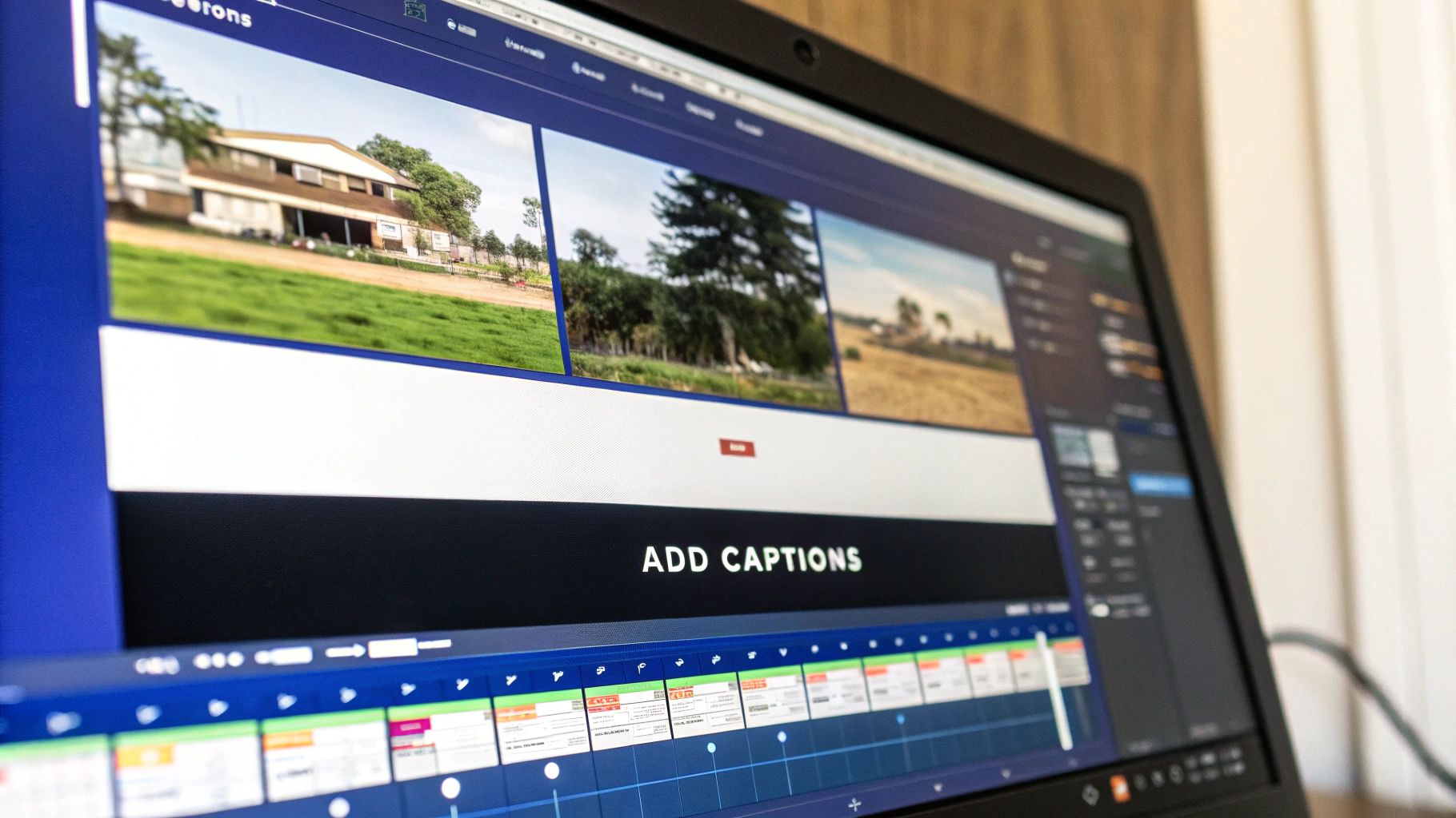 A video editor working on a laptop, adjusting audio levels on a timeline with branded graphics.