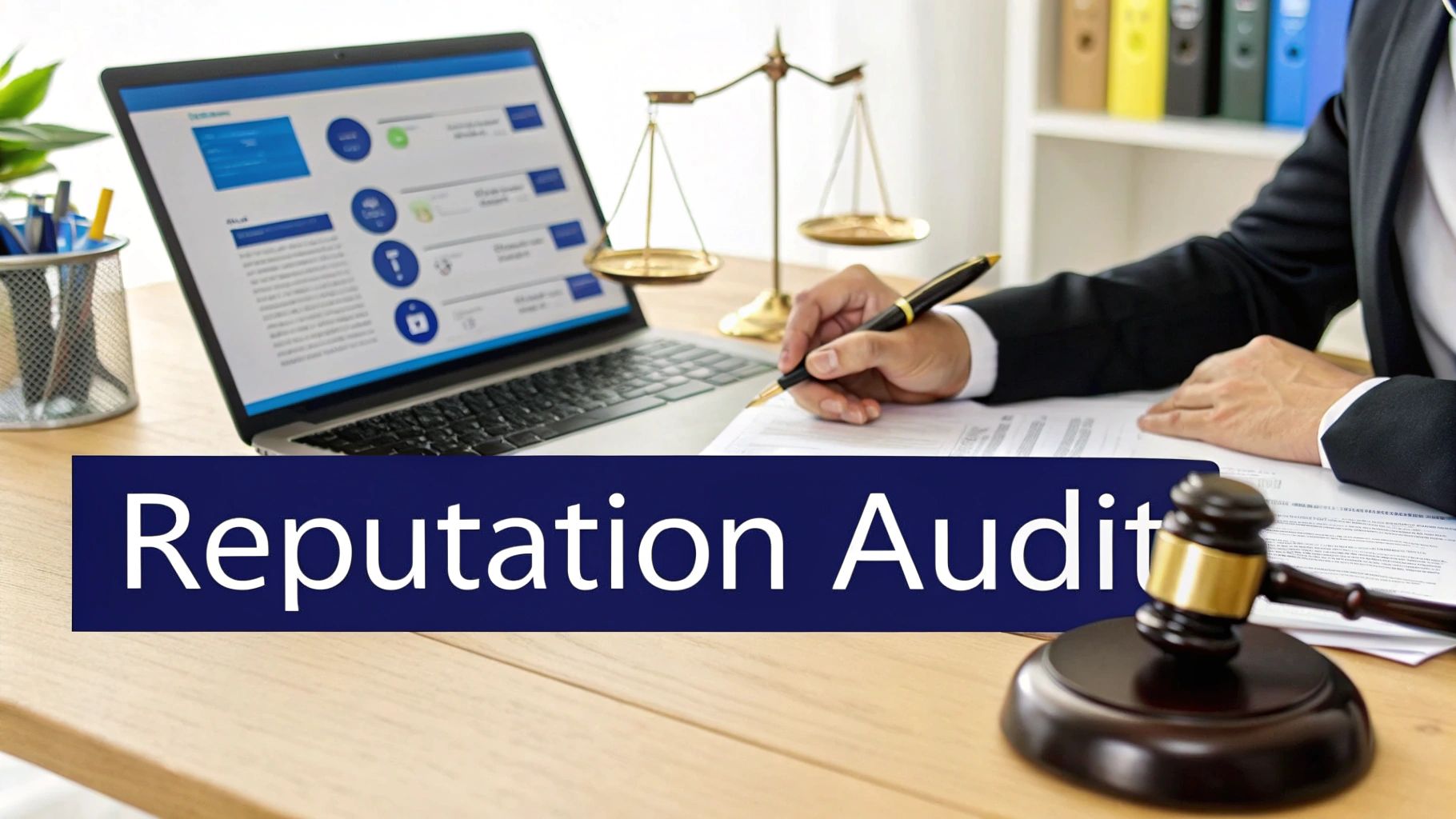 A lawyer conducting a 'Reputation Audit' at a desk with a laptop, scales of justice, and a gavel.