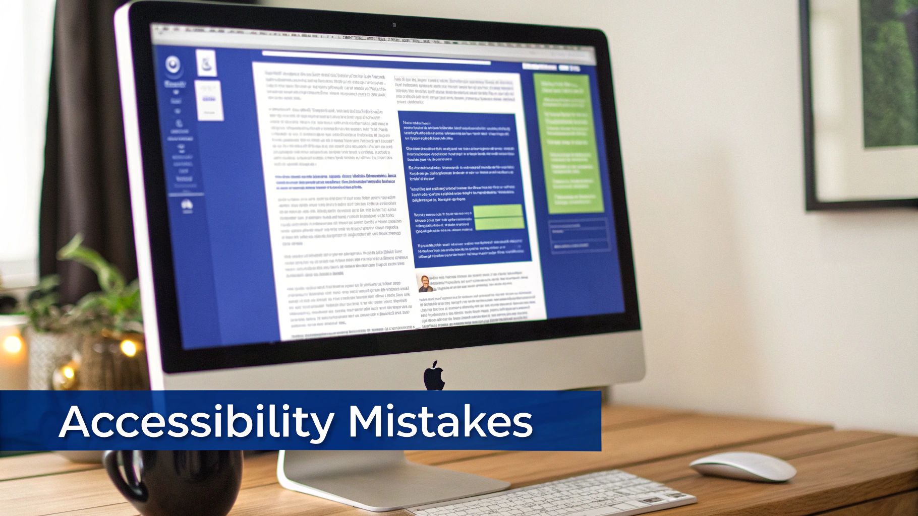 An Apple iMac on a wooden desk displays a webpage with a 'Accessibility Mistakes' banner.