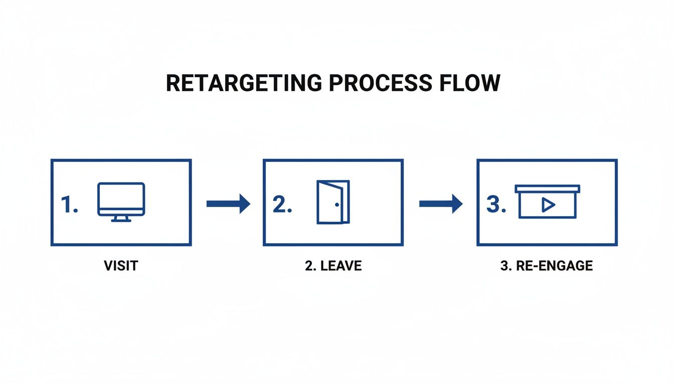 A three-step retargeting process flow: 1. Visit, 2. Leave, 3. Re-engage with an ad.