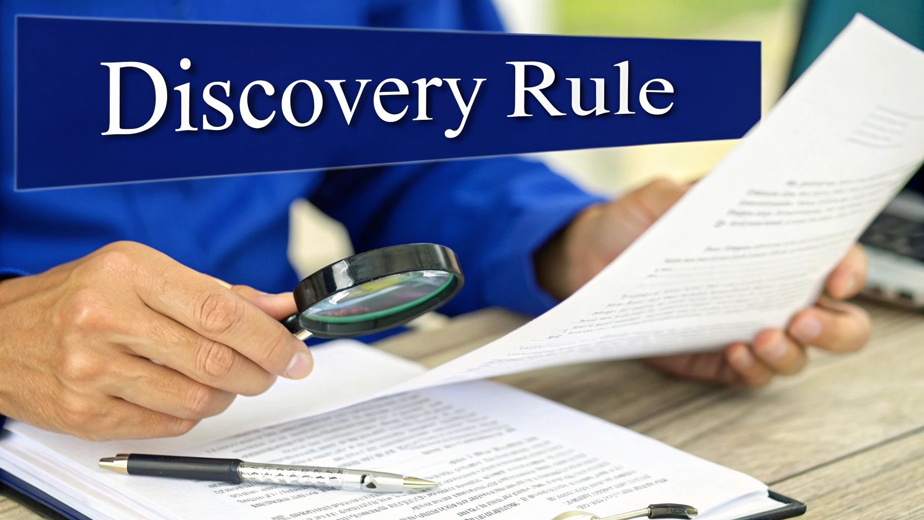 A person uses a magnifying glass to examine legal documents, with a banner displaying 'Discovery Rule'.