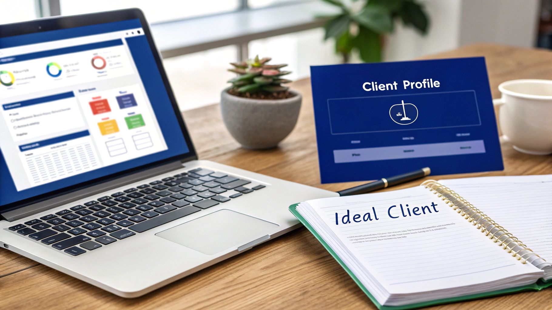 A legal professional reviewing a marketing strategy on a laptop with charts and graphs in the background.