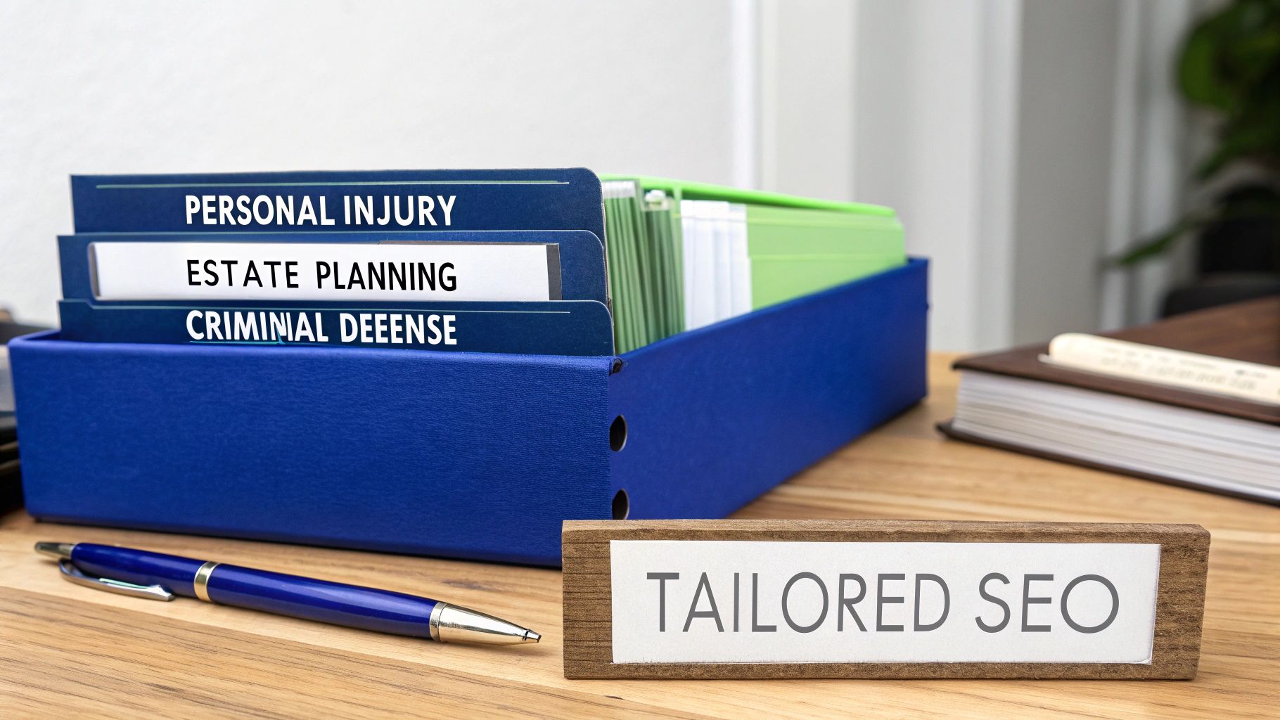 Legal service folders (personal injury, estate planning, criminal defense) and a 'TAILORED SEO' sign on a wooden desk.