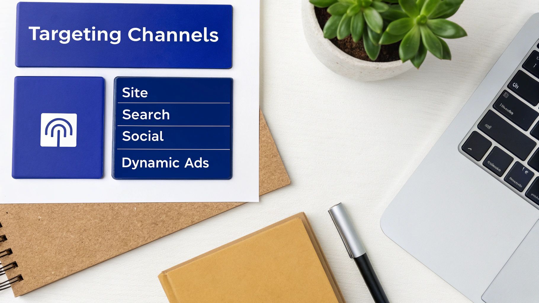 A flat lay shows 'Targeting Channels' with 'Site, Search, Social, Dynamic Ads' on blue cards, alongside a laptop and plant.