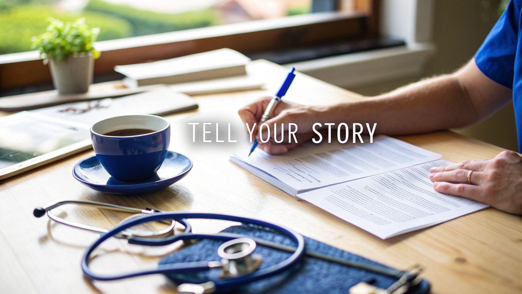 A person carefully writing at a desk, focused on crafting a letter