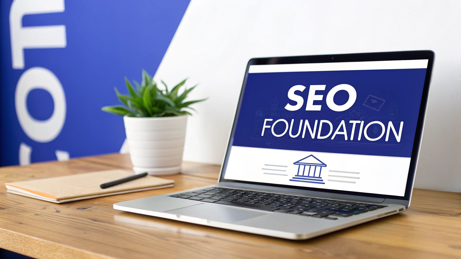 Winning Cases with Personal Injury Law Marketing 2 Laptop displaying 'SEO FOUNDATION' and a building icon on a blue screen, placed on a wooden desk with a plant.