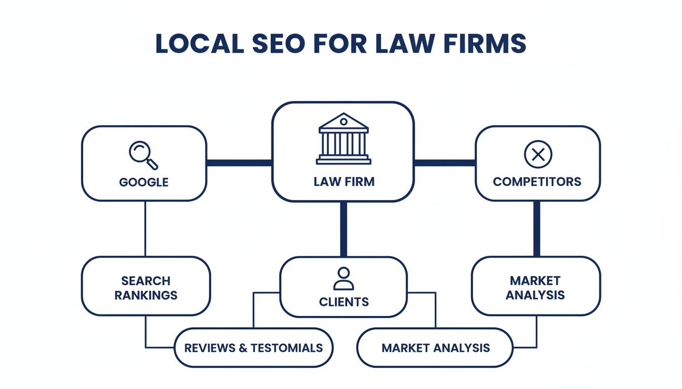 Diagram illustrating local SEO for law firms, connecting Google, clients, competitors, and market analysis.