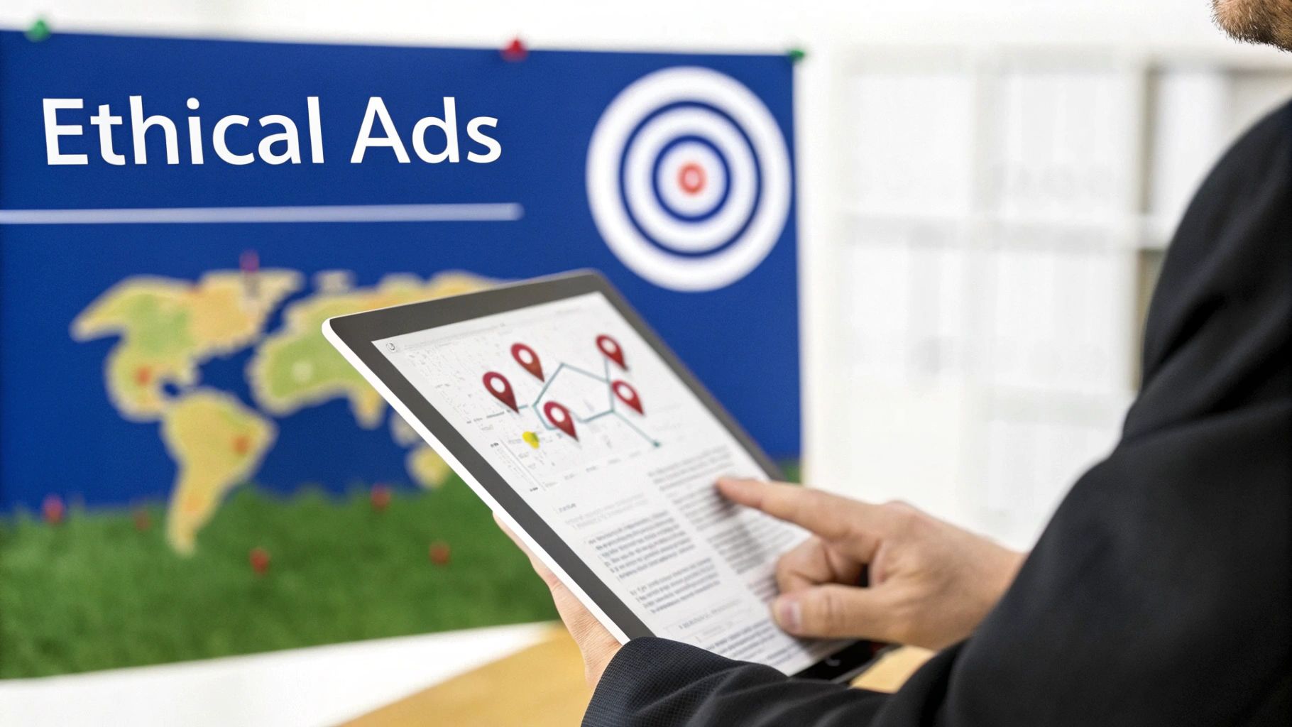 A business professional examines a tablet displaying analytics, with "Ethical Ads" text and a world map visible.