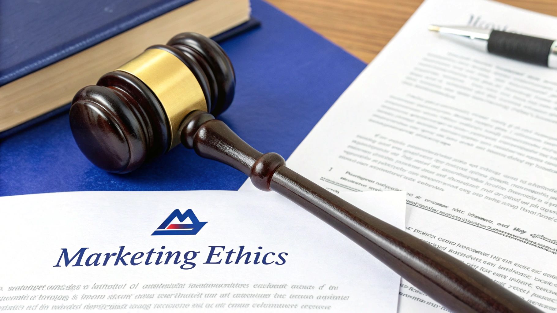 A balanced scale of justice on a wooden desk, symbolizing ethical legal marketing.