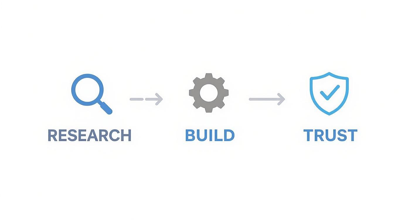 Three-step process diagram showing research, build, and trust phases with magnifying glass, gear, and shield icons