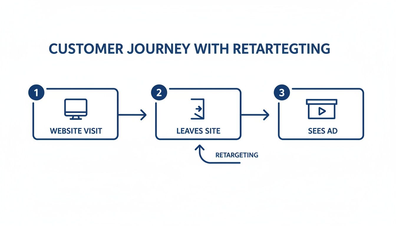 What Is Retargeting Advertising and How Does It Work 1 A flowchart illustrates the customer journey with retargeting: website visit, leaves site, then sees a retargeted ad.