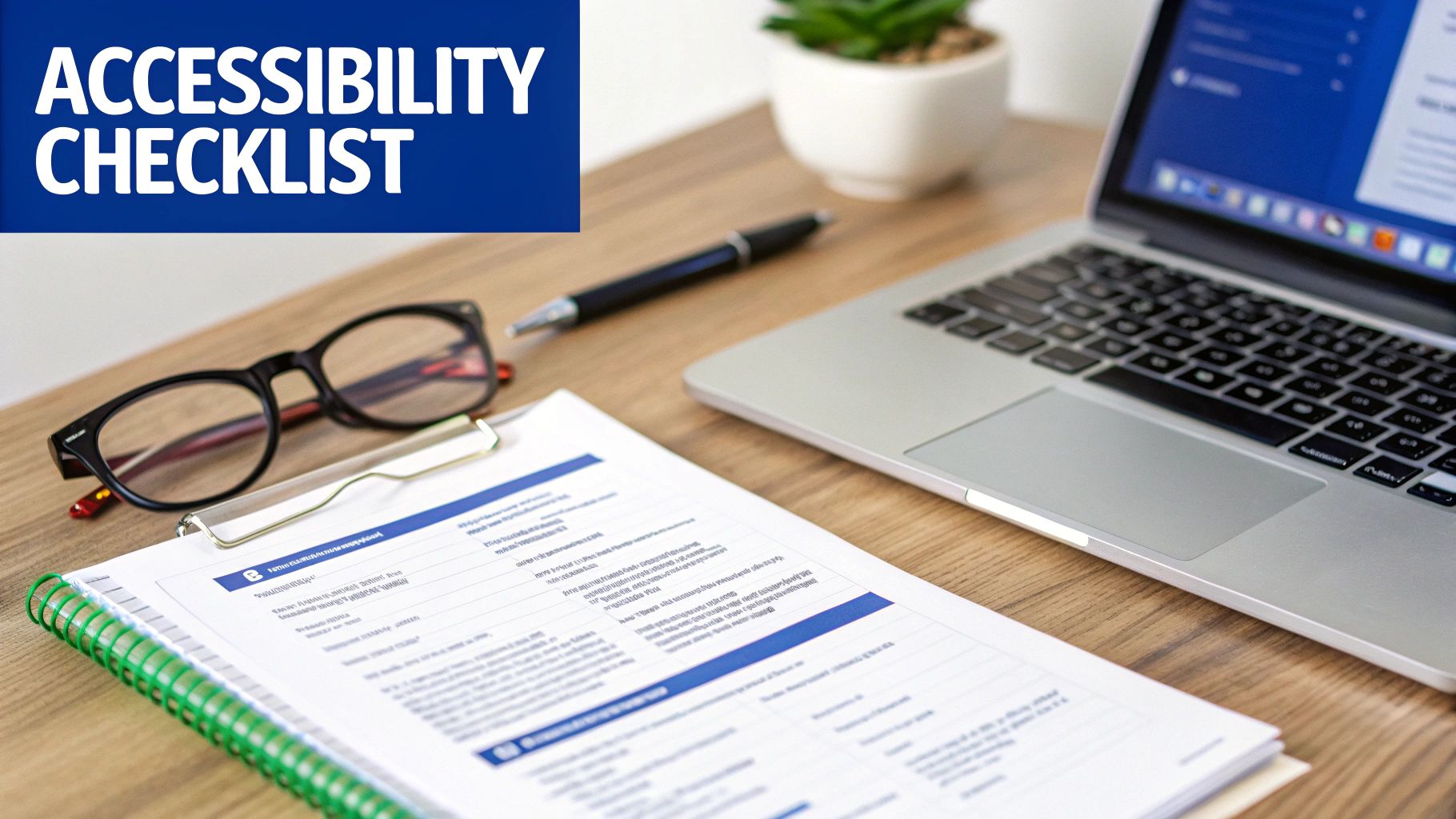 A desk setup featuring an 'Accessibility Checklist' document, glasses, a pen, and a laptop.