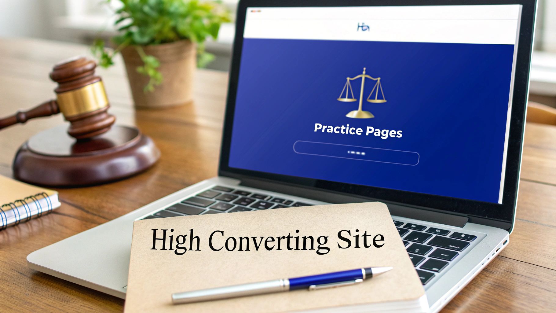 A laptop displaying a legal website, a gavel, and a notebook titled 'High Converting Site' on a wooden desk.