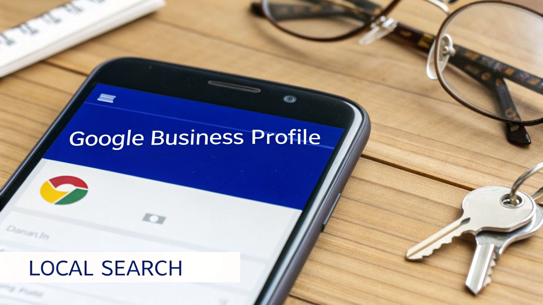 A smartphone displaying 'Google Business Profile' and 'LOCAL SEARCH' text on a wooden desk with glasses and keys.