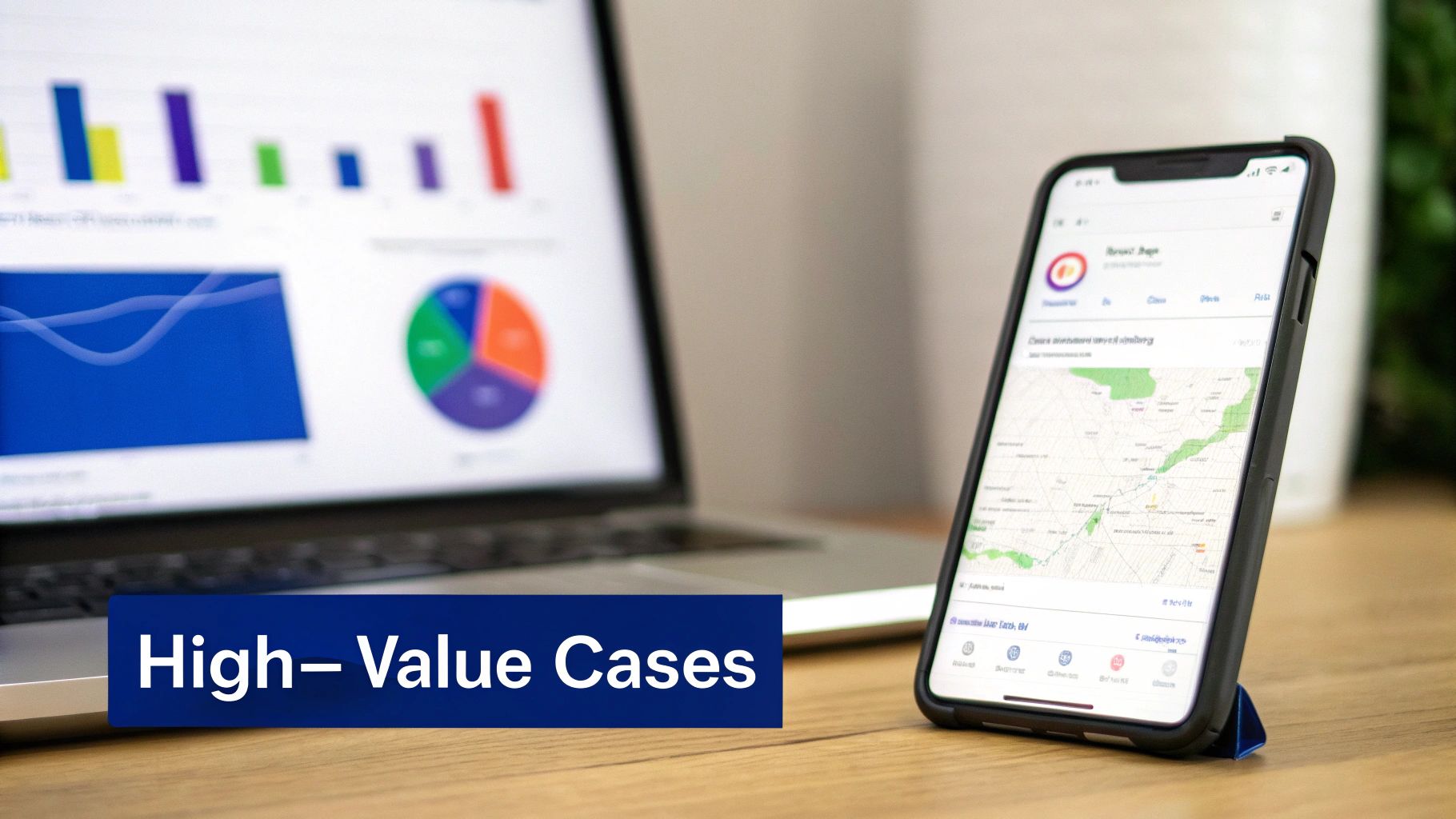 A person using a laptop with SEO-related charts and graphs on the screen, indicating a focus on data and optimization.