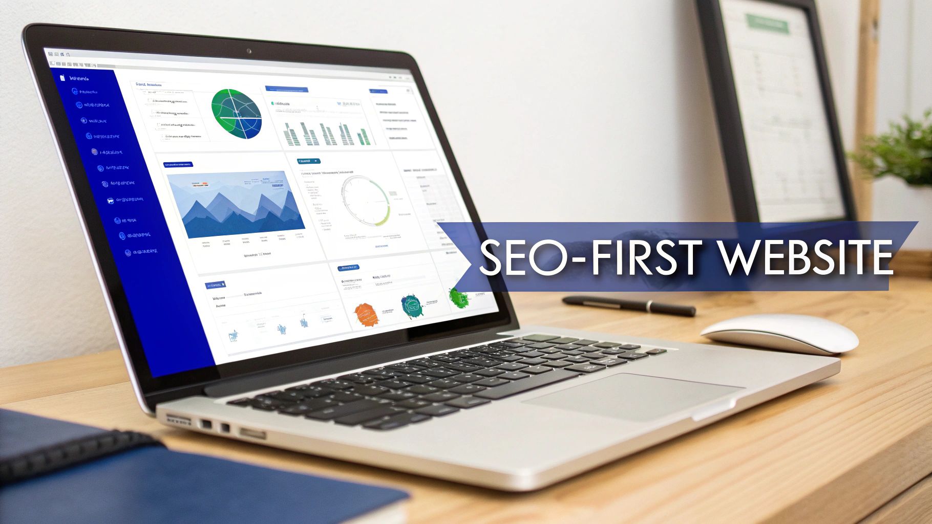 Laptop displaying SEO analytics dashboard with charts and graphs for website optimization strategy