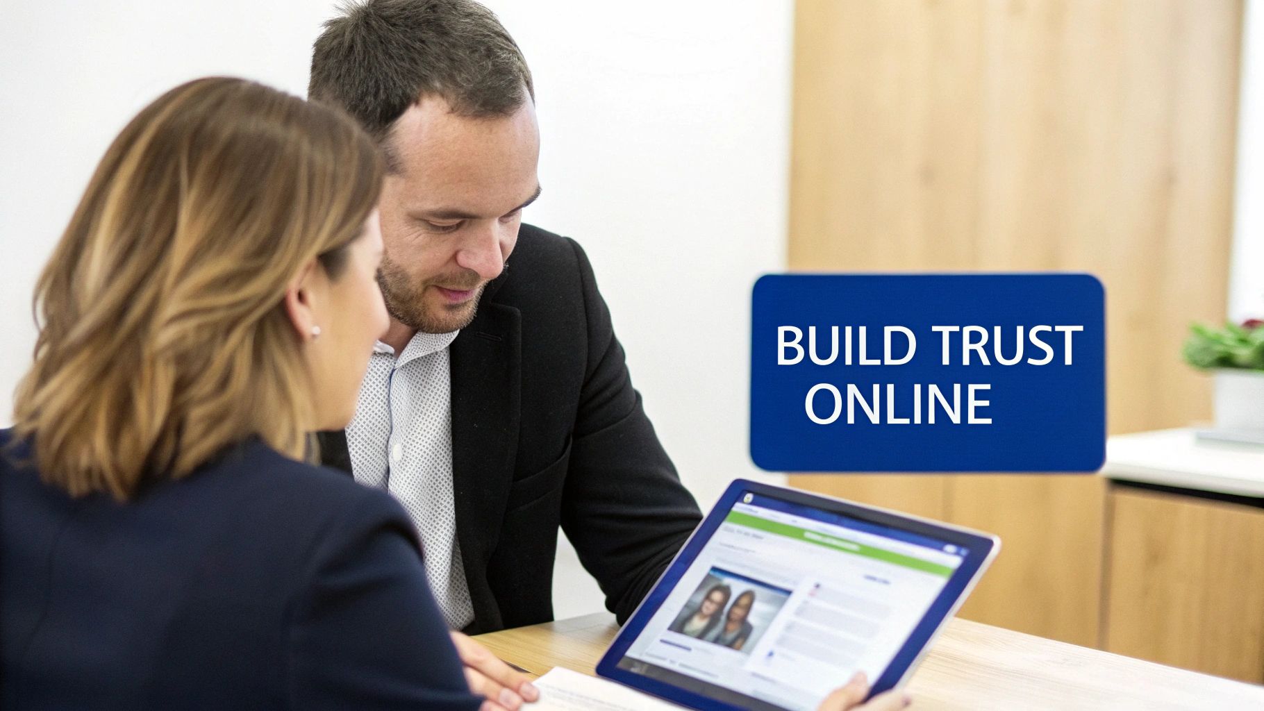 A lawyer reviewing a document with a client, symbolizing trust and professional service.