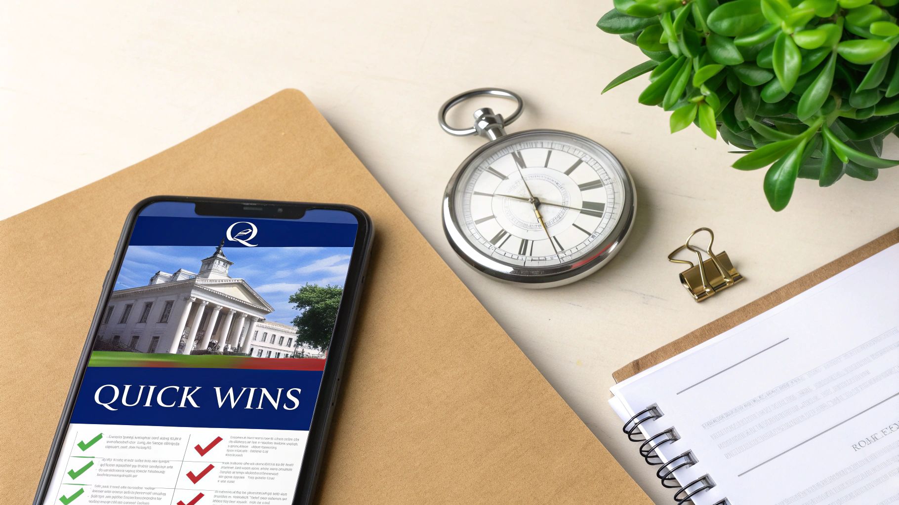 A smartphone displaying 'QUICK WINS' content next to a vintage pocket watch, plant, and notebook on a desk.