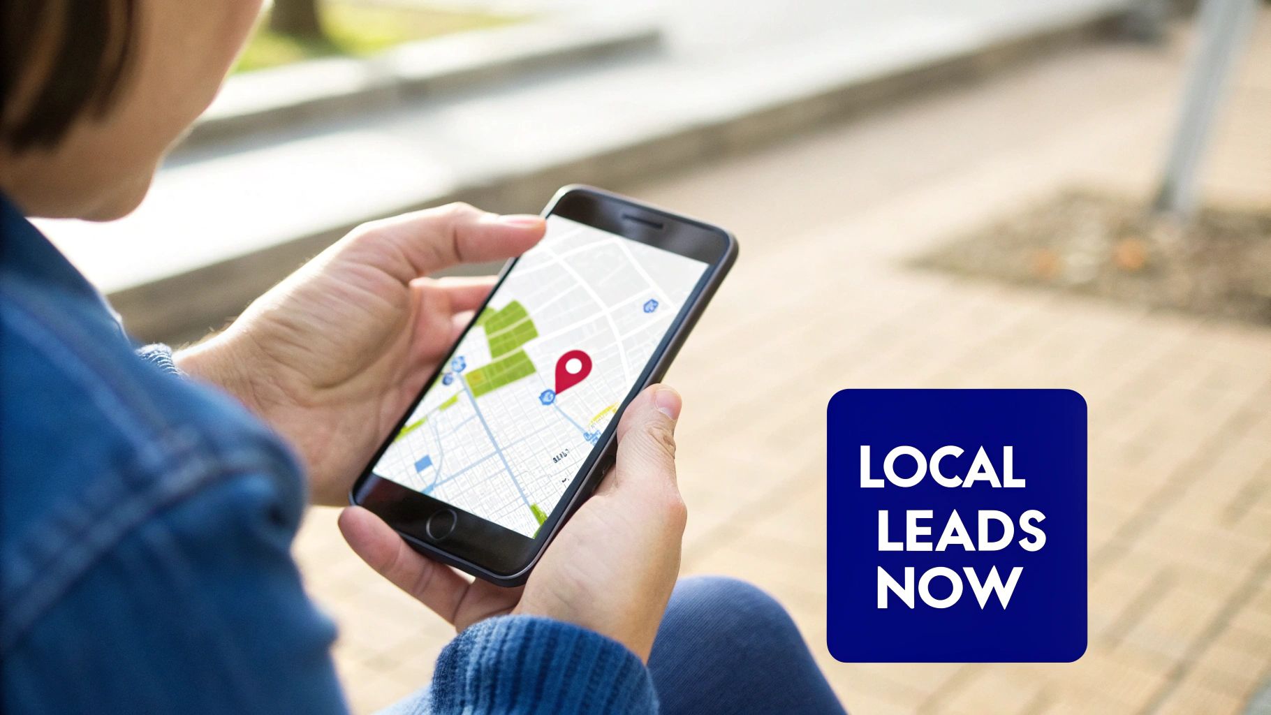 Person holding smartphone displaying map navigation app with location pin for local business marketing