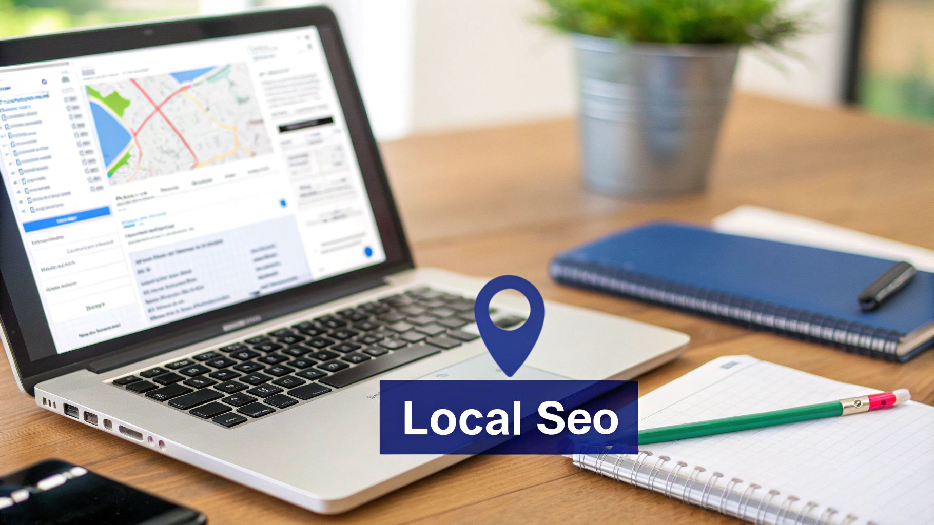 Laptop displaying a map and business data with a 'Local SEO' overlay, illustrating online marketing strategies.