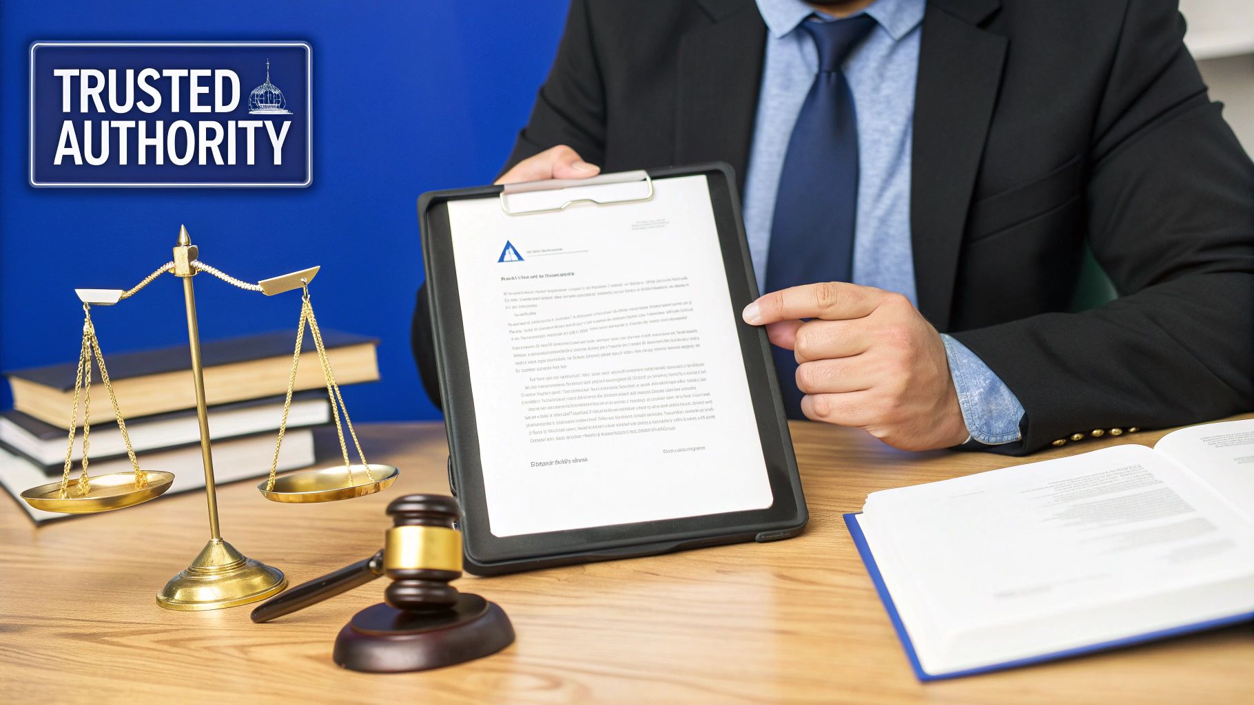 A lawyer in a suit holds a legal document, with scales of justice, gavel, and books on the desk.