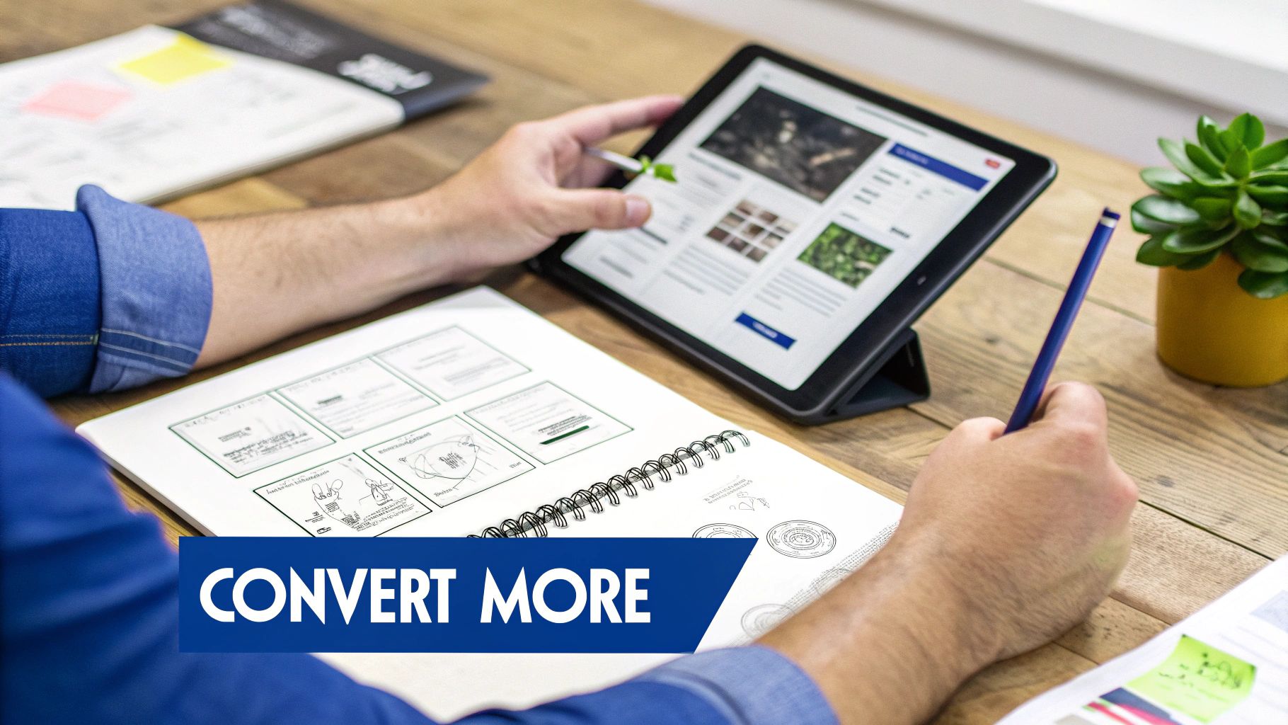 What Is Retargeting Advertising and How Does It Work 3 A person works on a tablet and a notebook at a wooden desk, next to a potted plant.