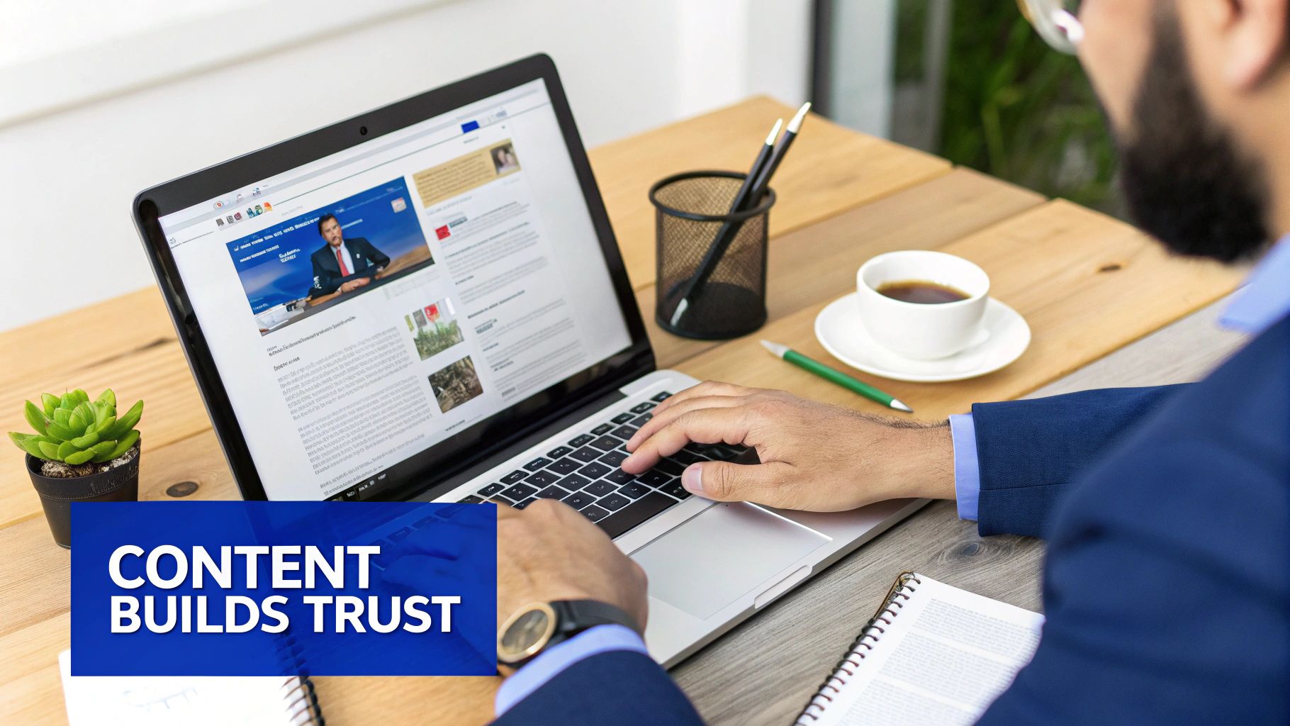 A man in a blue suit typing on a laptop, browsing content on a webpage with coffee.