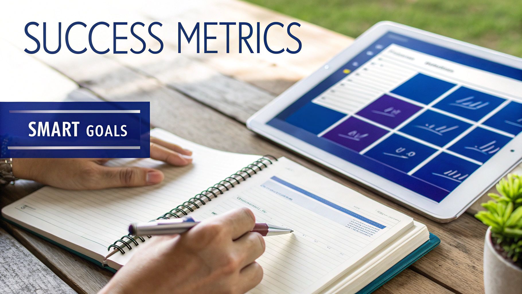 A law firm team collaborating around a whiteboard with KPIs and goals written on it.