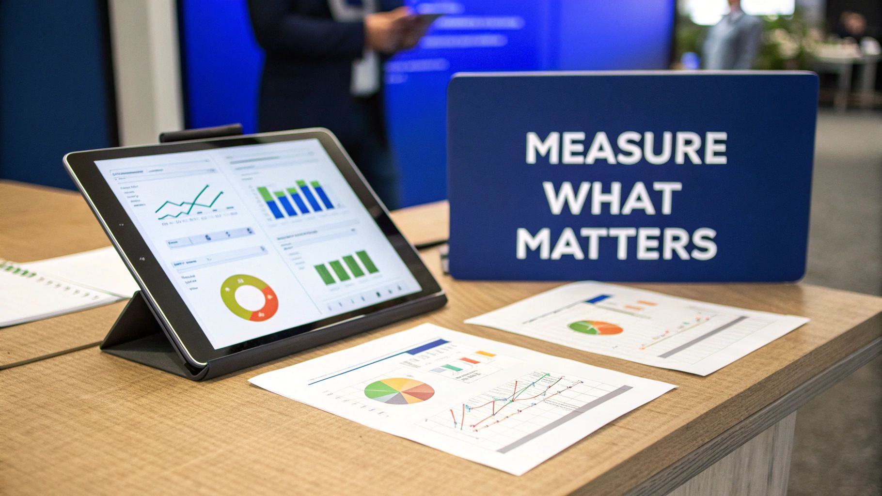 A tablet and printed reports display data analytics and charts on a desk next to a 'Measure What Matters' sign.