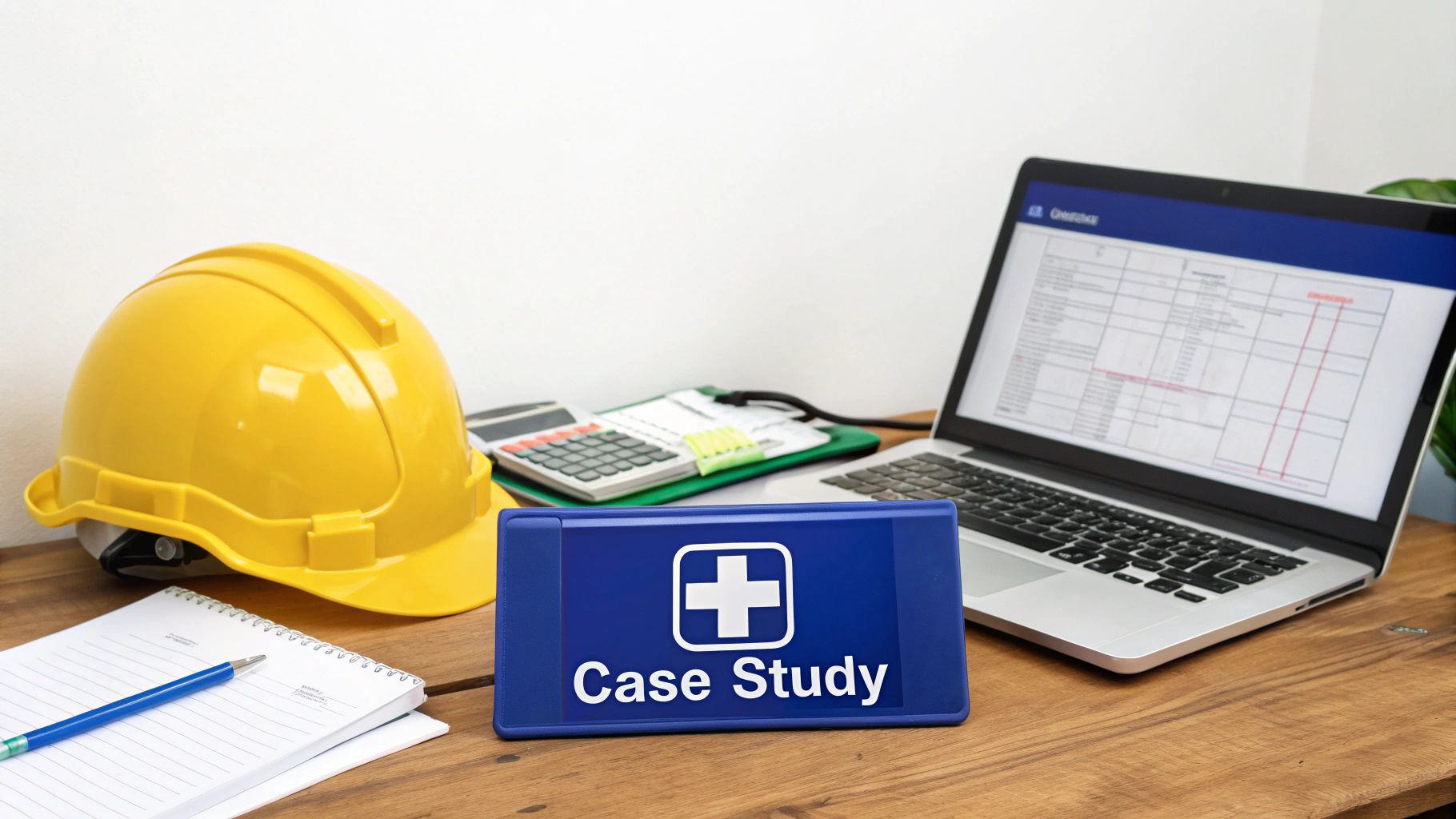 A desk with a yellow hard hat, a 'Case Study' sign with a medical cross, and a laptop.