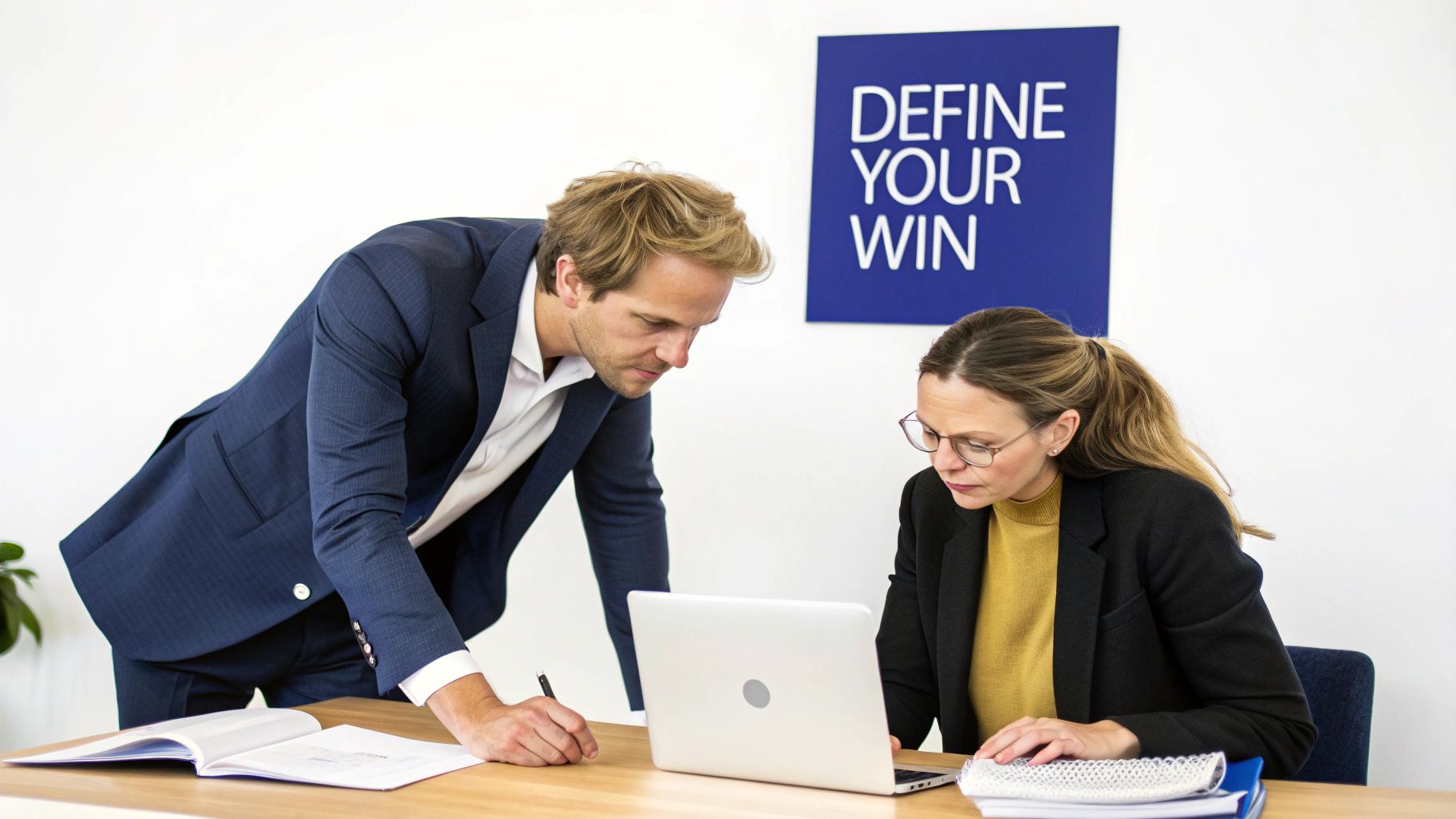 Two business professionals collaborate at a desk, reviewing a laptop and documents in an office.