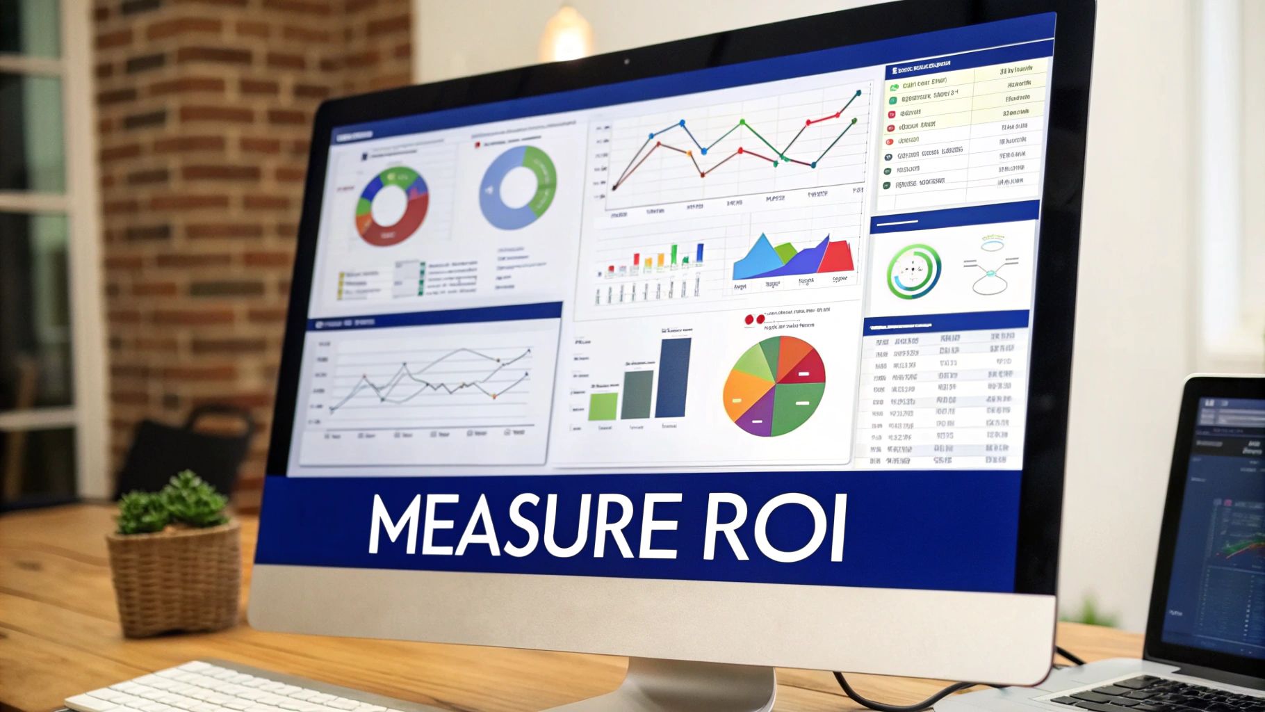 A computer monitor displays a business analytics dashboard with charts, graphs, and the text 'MEASURE ROI'.